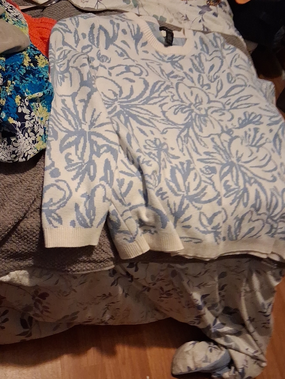 Tahari Blue and White Floral Jacquard Crewneck Sweater